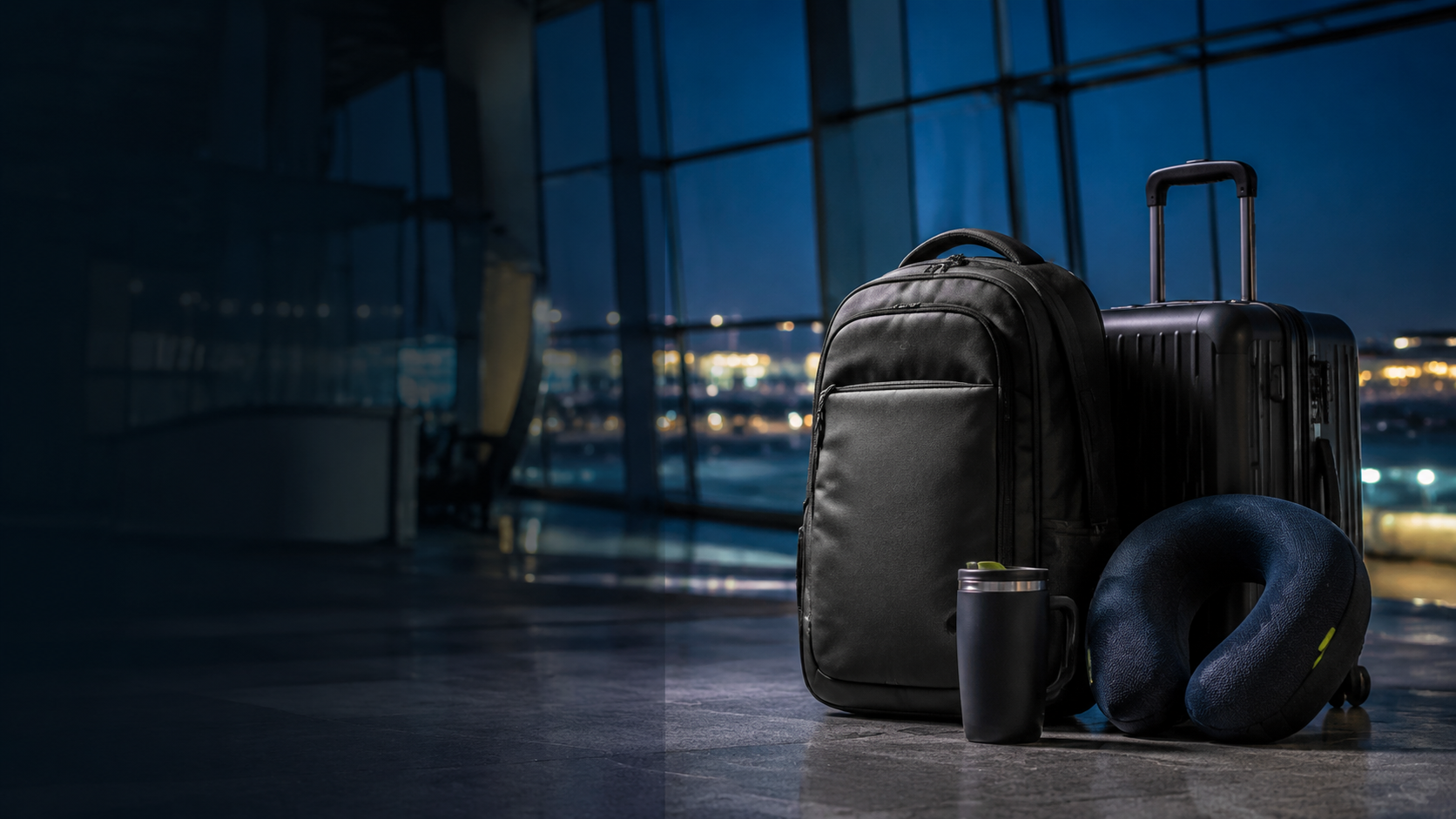 VERVE CARRY GOODS travel essentials arranged in a modern airport lounge