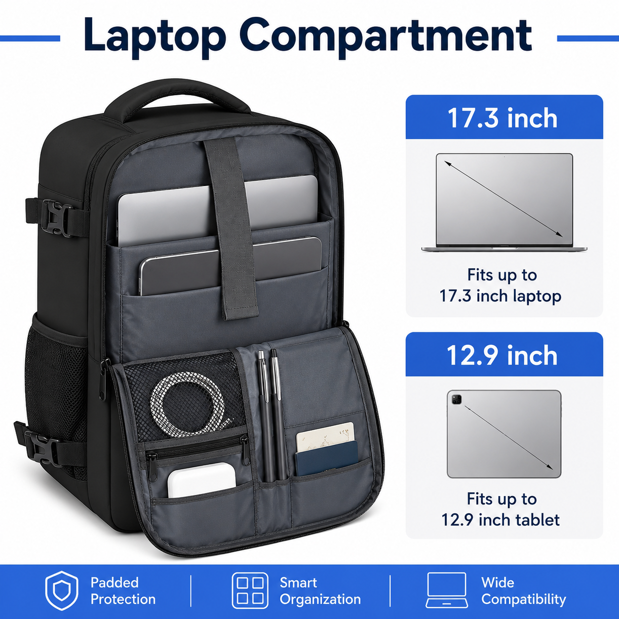 40L Carry-On Travel Backpack, Fits Laptops up to 17.3 Inches, Black – additional product view 1