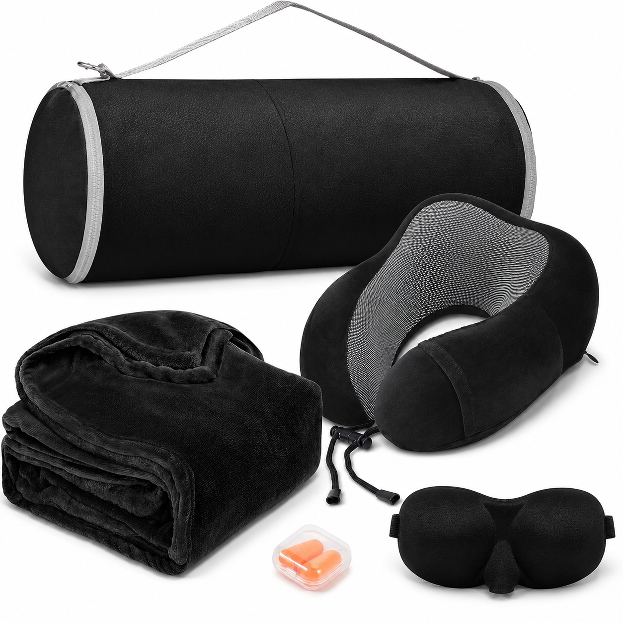 Memory Foam Travel Neck Pillow & Blanket Set, Black