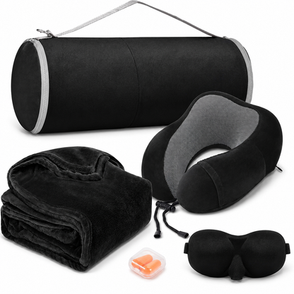 Memory Foam Travel Neck Pillow & Blanket Set, Black