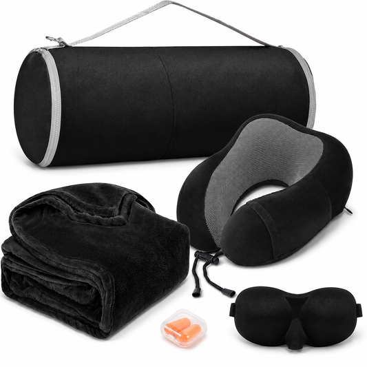 Memory Foam Travel Neck Pillow & Blanket Set, Black