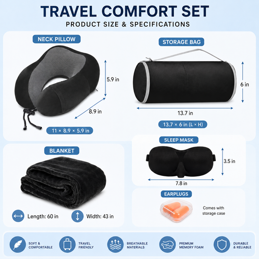 Memory Foam Travel Neck Pillow & Blanket Set, Black – additional product view 1