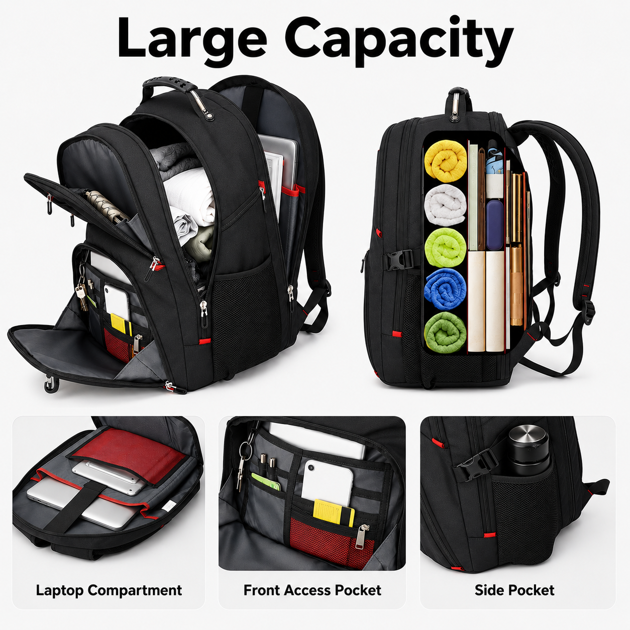 50L Large Travel Backpack, Fits Laptops up to 17 Inches, Black – additional product view 3